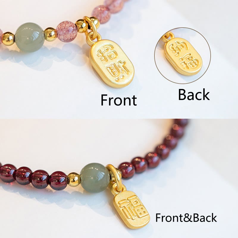 Buddha Stones Natürliches Erdbeer-Quarz-Granat-Jade-Glücksbringer-Charm-Armband