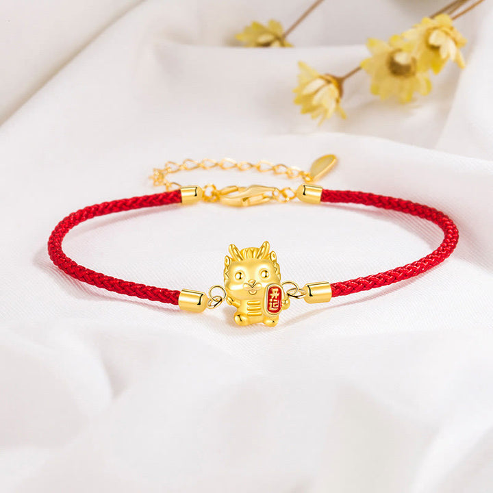 Buddha Stones 925 Sterling Silber Jahr des Drachen Lucky Golden Dragon Strength Rotes Seilkettenarmband
