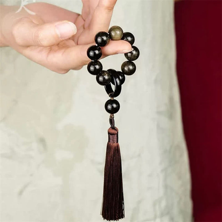 Buddha Stones Schwarzer Obsidian Stärke Quaste Handgelenk Mala