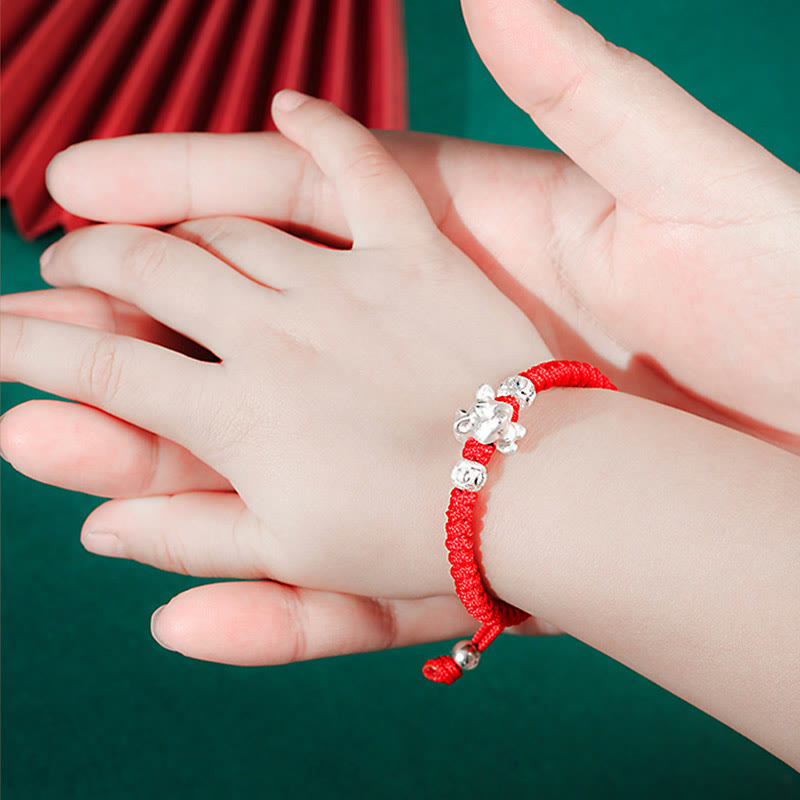 Buddha Stones 999 Sterling Silber Chinesisches Sternzeichen Rotes Seil Glück Handgefertigtes Kinderarmband