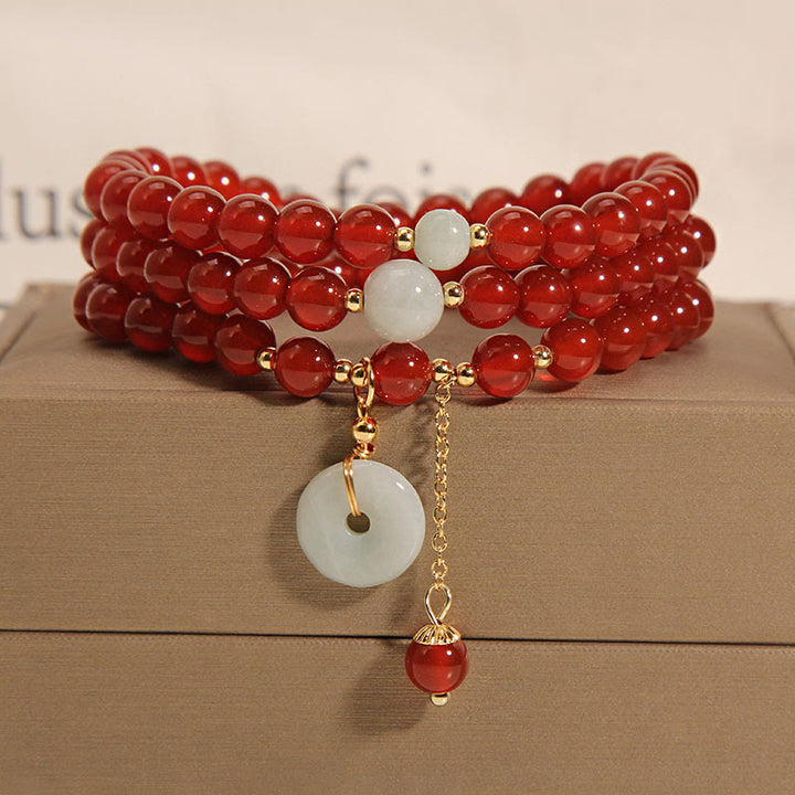 Buddha Stones Natürliches rotes Achat-Jade-Peace-Schnalle-Calm-Dreifach-Wickelarmband