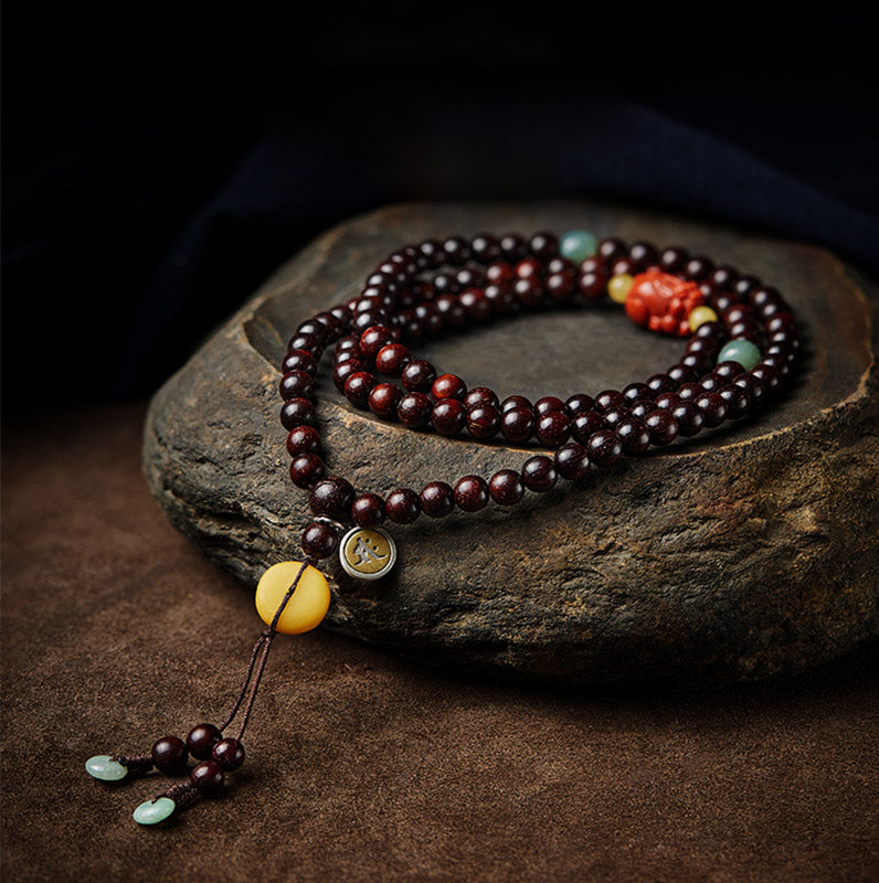 Buddha Stones, chinesisches Sternzeichen, Natal-Buddha, 108 Mala-Perlen, kleines Blatt, rotes Sandelholz, roter Achat, PiXiu-Schutzarmband