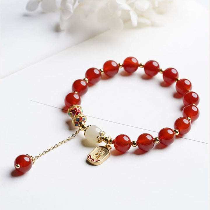 Buddha Stones Natürliches rotes Achat-Hetian-Jade-Fu-Charm-Charm-Armband