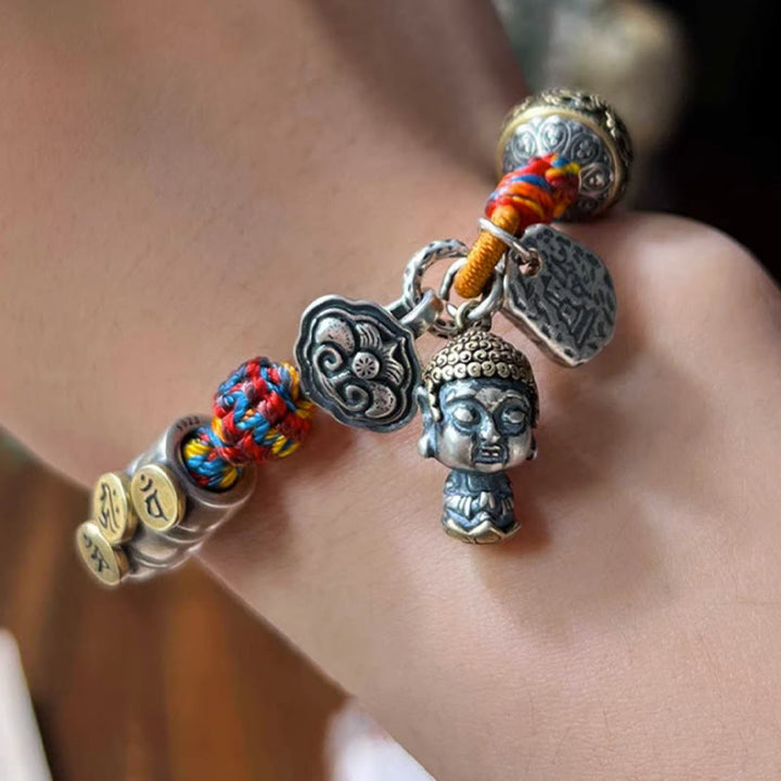 Buddha Stones Handgefertigtes tibetisches Armband aus 925er Sterlingsilber mit chinesischem Sternzeichen Natal Buddha Zakiram, Göttin des Reichtums, Schutz, mehrfarbiges, geflochtenes Seil