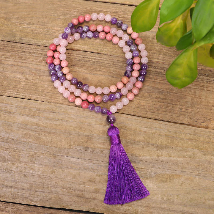 Buddha Stones 108 Mala Perlen Amethyst Rosenquarz Spirituelle Heilung Quastenarmband