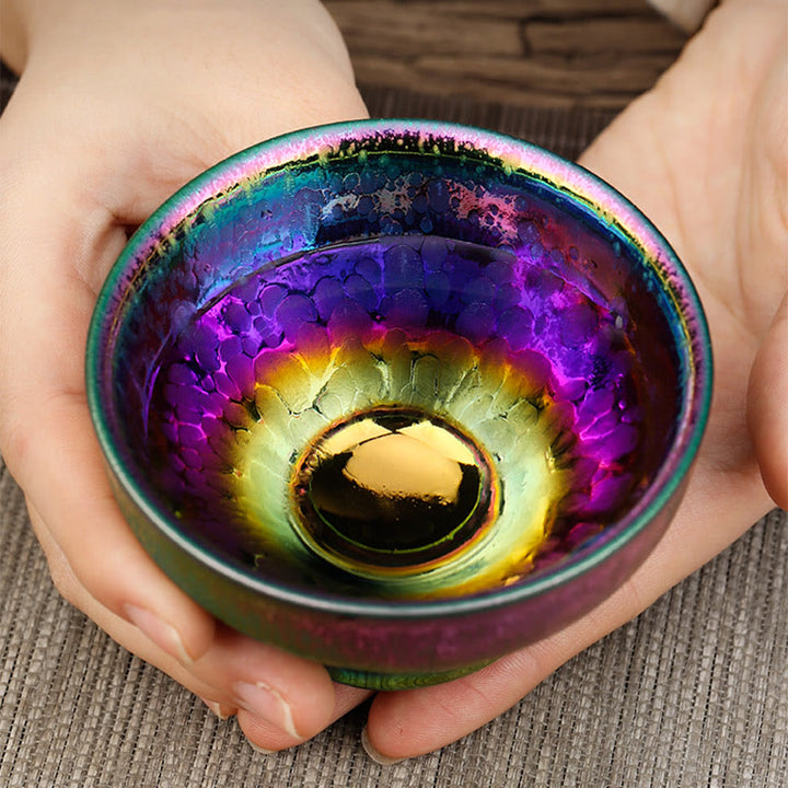 Buddha Stones, handgefertigt, Feen-Regenbogen, chinesische Jianzhan-Keramik-Teetasse, Tenmoku-Kung-Fu-Teetasse