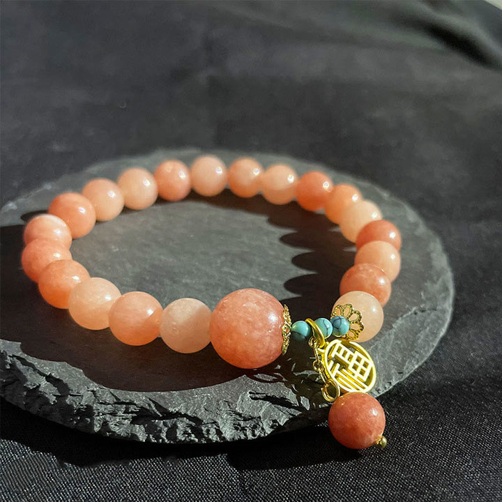 Armband mit Buddha Stonesn, natürlichem orangefarbenem Stein, Türkis, Fu-Charakter, Glücksbringer