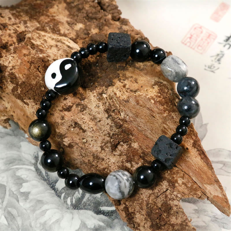 Buddha Stones Schwarzes Onyx-Picasso-Jaspis-Perlen-Yin-Yang-Glücksschutz-Armband