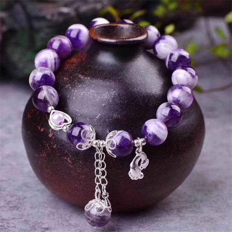 Buddha Stones Armband mit Anhänger aus 925er-Sterlingsilber, natürlicher Amethyst, heilende Füße, Liebesherz