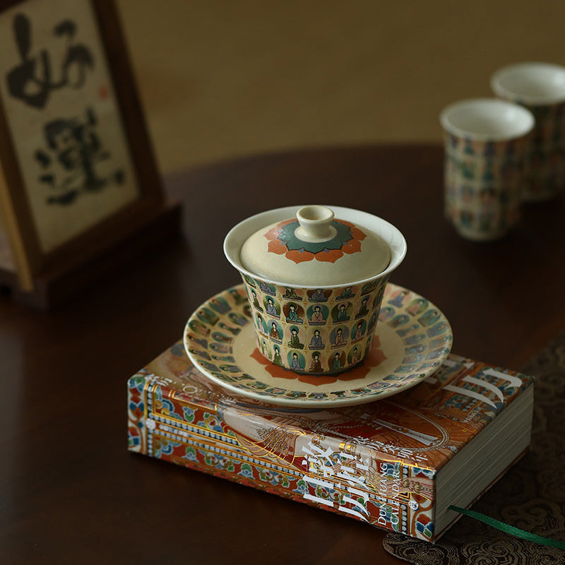 Buddha Stones, Dunhuang, Farbe, tausend Buddhas, fliegende Apsaras, Muster, Gaiwan-Teetasse, Kung-Fu-Teetasse mit Deckel