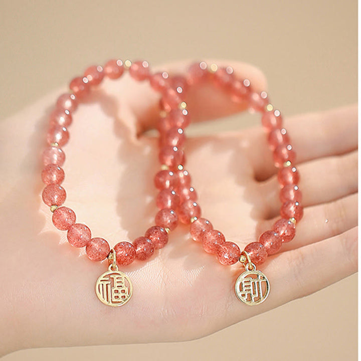 Buddha Stones 14K vergoldetes Erdbeerquarz-Fu-Charakter-Heilungs-Charm-Armband