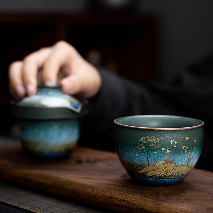 Buddha Stones Keramik-Teetasse, Hirsch, Bergbäume, schöne Katze, schwarze Teetasse mit Deckel und Beutel