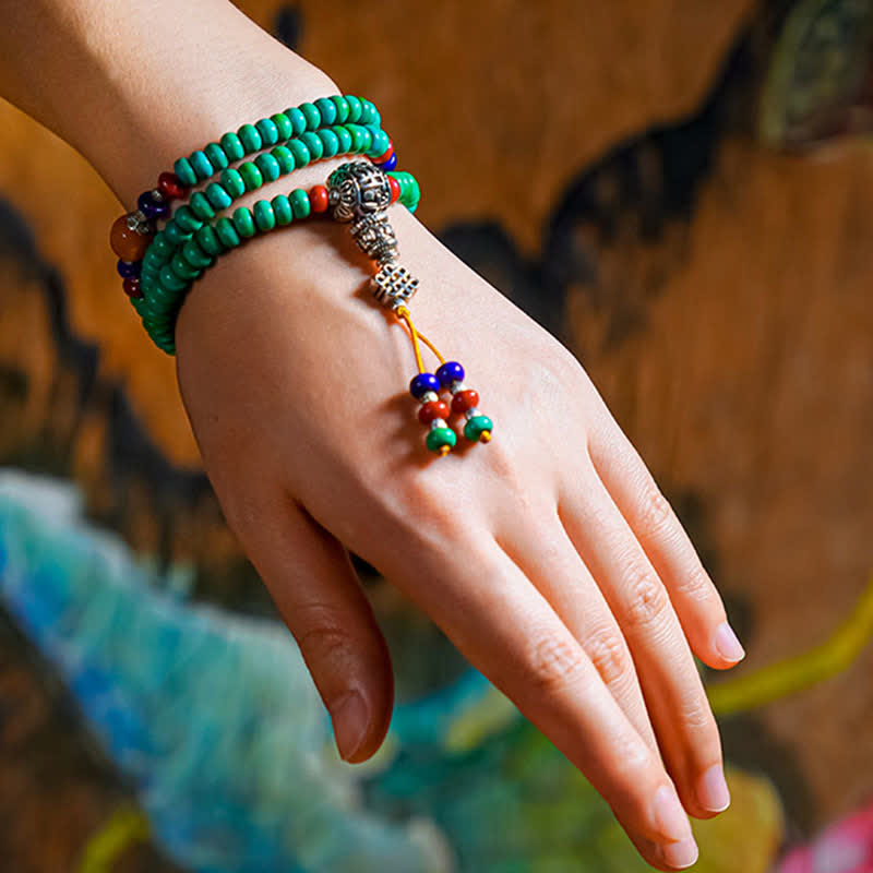 108 Mala-Perlen, tibetisches türkisfarbenes Dzi-Perlen-Schutzarmband