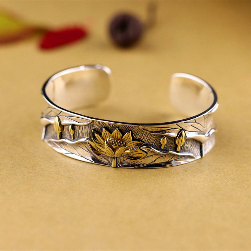 Buddha Stones 925 Sterling Silber Lotusblume Ruhiges Armband Verstellbarer Armreif