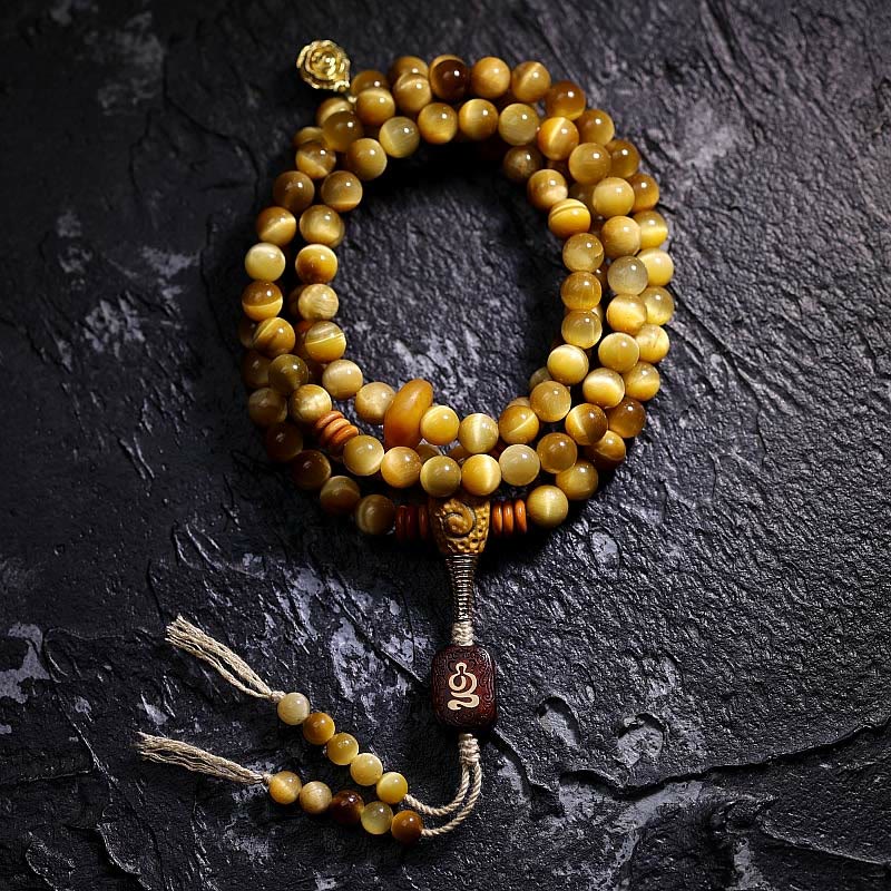 Buddha Stones 108 Mala Perlen Natürliches Tigerauge Kupfer Dorje Schutz Quastenarmband