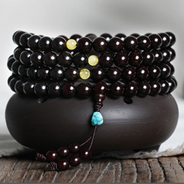 Buddha Stones, 108 Mala-Perlen, 4,8 Sterne, mit goldenem Stern, indisches kleines Blatt, rotes Sandelholz, Bernstein, Türkis, chinesisches Knoten-Segen-Armband