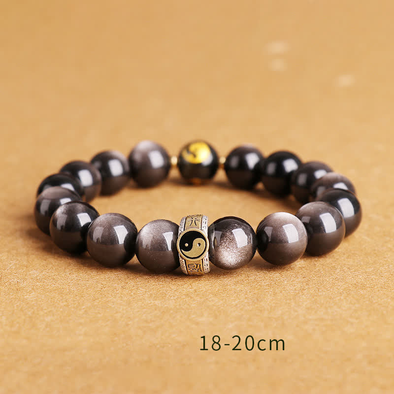 Buddha Stones 925 Sterling Silber Schwarz Obsidian Gold Glanz Obsidian Silber Glanz Obsidian Yin Yang Schutzarmband