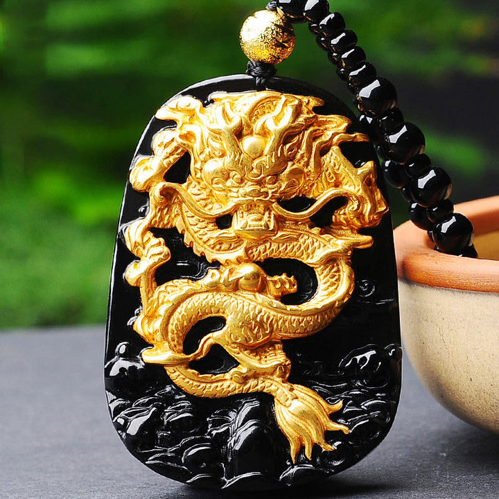 Buddha Stones 18 Karat vergoldete Drachen-Obsidian-Glücksanhänger-Halskette