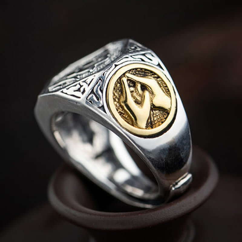 Verstellbarer Ring aus 925er-Sterlingsilber mit Buddha Stonesn, Sanskrit-Design, geschnitzter Schutz