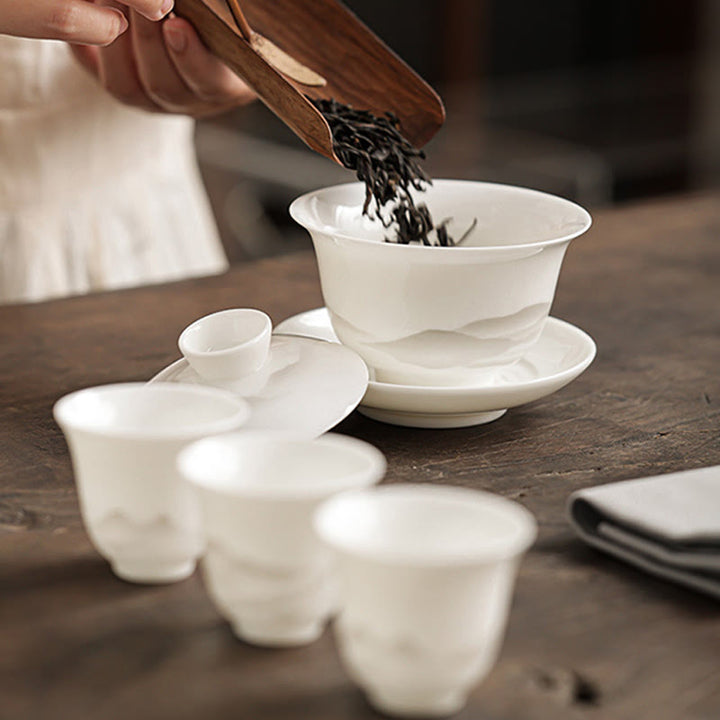 Buddha Stones, Vintage-Tuschemalerei, Berg , Weiß Porzellan, Keramik, Gaiwan, Sancai, Teetasse, Kung-Fu-Teetasse und Untertasse mit Deckel, Teeutensilien-Teekanne