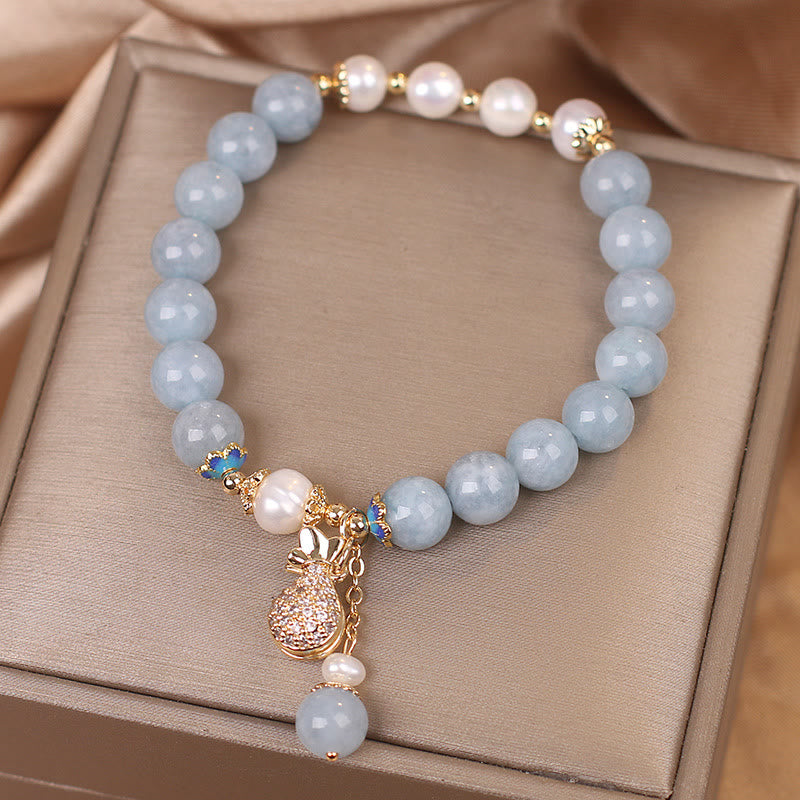 Buddha Stones, Aquamarin-Perlen-Glücksbeutel-Charm-Armband