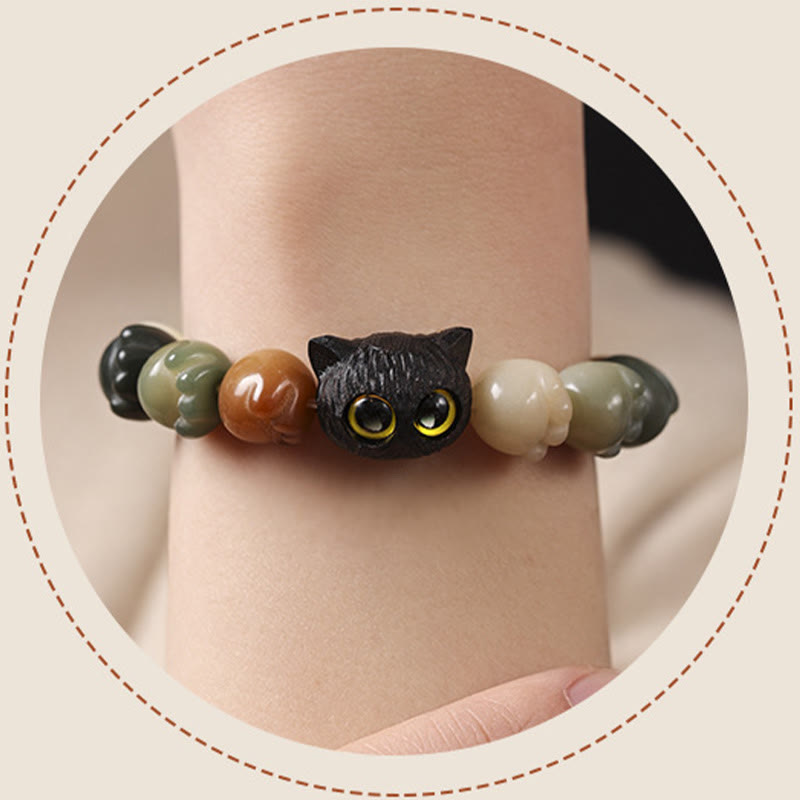 Armband mit Buddha Stonesn, natürlichem Bodhi-Samen, schöne Pfote, Ebenholz, glückliche Katze, Weisheit