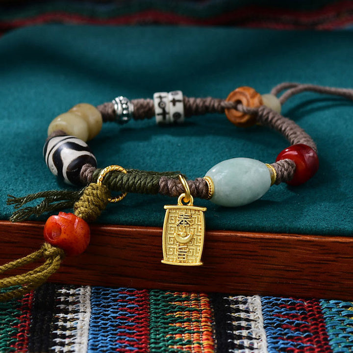 Buddha Stones Tibetisches Dzi-Perlen-Achat-Yak-Knochen-Reichtum-Seil-Armband