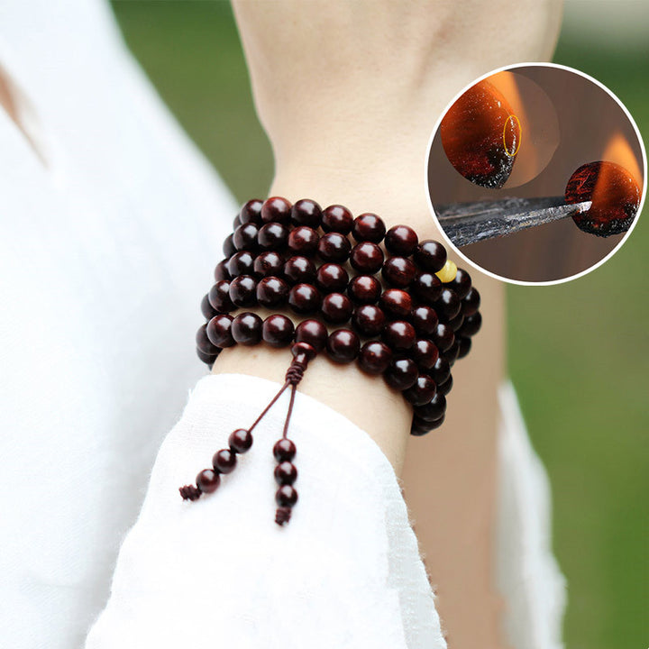 Buddha Stones, 108 Mala-Perlen, 4,8 Sterne, mit goldenem Stern, indisches kleines Blatt, rotes Sandelholz, Bernstein, Türkis, chinesisches Knoten-Segen-Armband