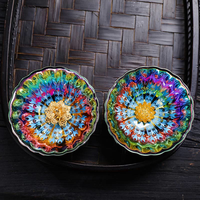 Buddha Stones Vivid Peacock Lotus Gold Intarsien Design Bunte chinesische Jianzhan Keramik Teetasse Kung Fu Teetasse