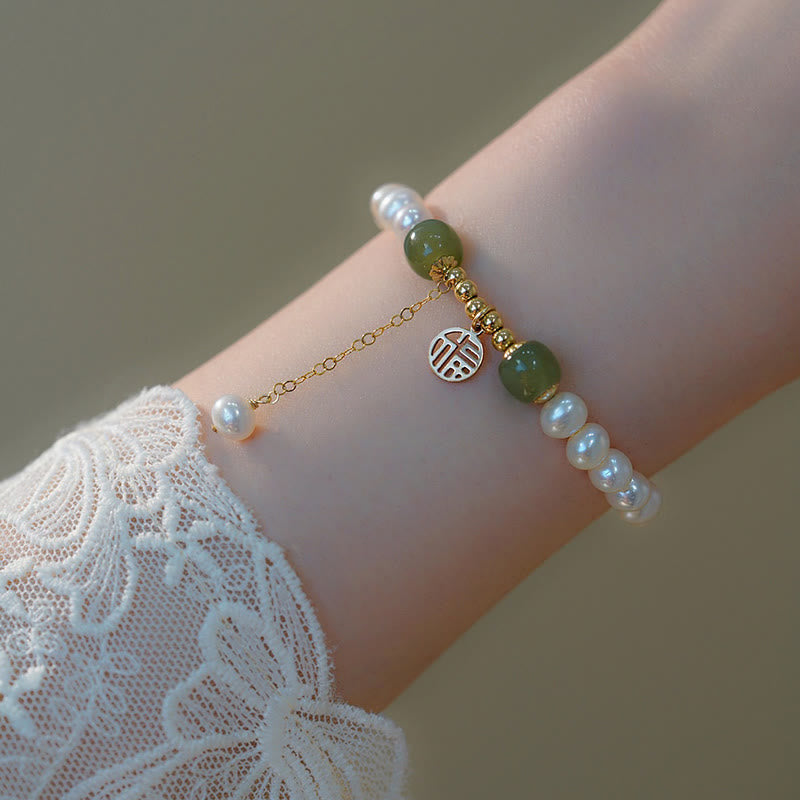 Natürliche Perle Hetian Jade Glück Weisheit Perlenarmband