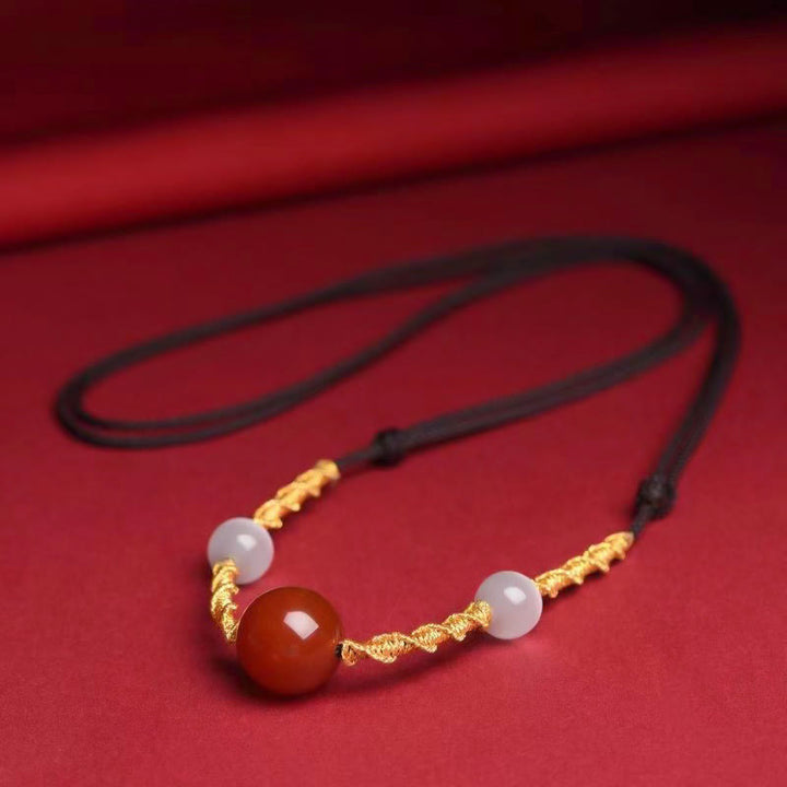 Buddha Stones Natürlicher Roter Achat Katzenauge Ruhiger geflochtener Schnur-Armband-Halsketten-Anhänger