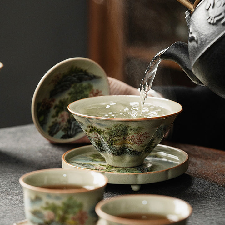 Buddha Stones Kiefer Berg Wald Landschaft Keramik Gaiwan Sancai Teetasse Kung Fu Teetasse und Untertasse mit Deckel