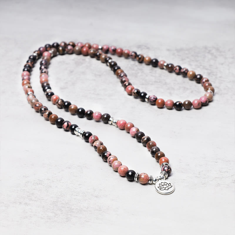 Buddha Stones 108 Mala Perlen Rhodonit Lotus Mitgefühl Energie Armband