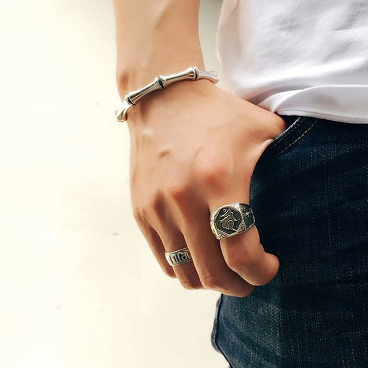 Verstellbarer Ring aus 925er-Sterlingsilber mit Buddha Stonesn, Sanskrit-Design, geschnitzter Schutz