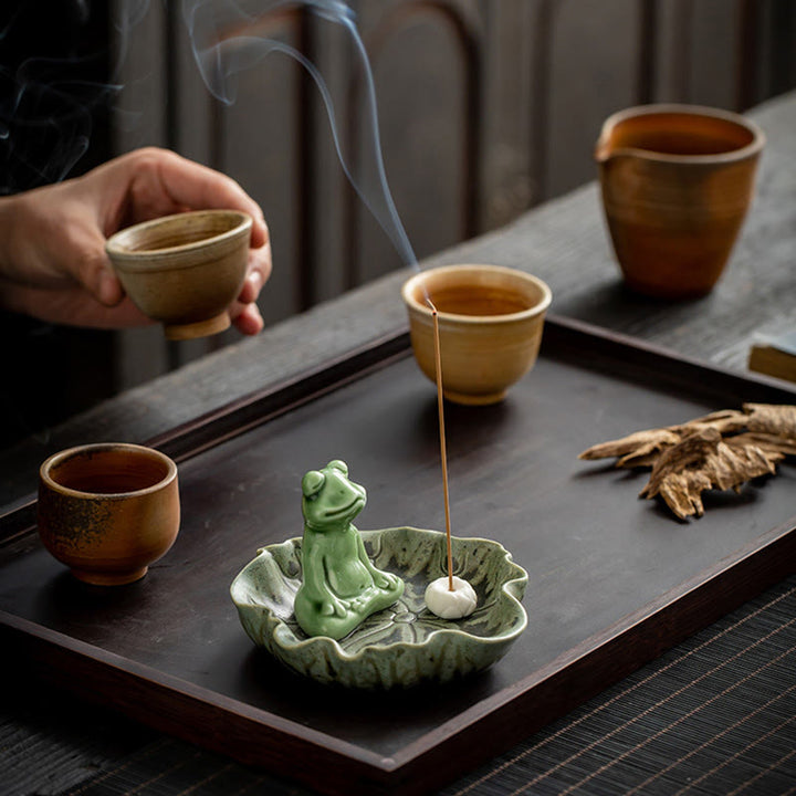 Buddha Stones, Blatt-Meditation, Frosch-Muster, heilende Keramik-Räuchergefäß-Dekoration