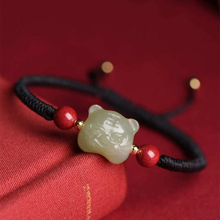 Buddha Stones Jade-Zinnober-Lucky-Tiger-Schnur-Armband