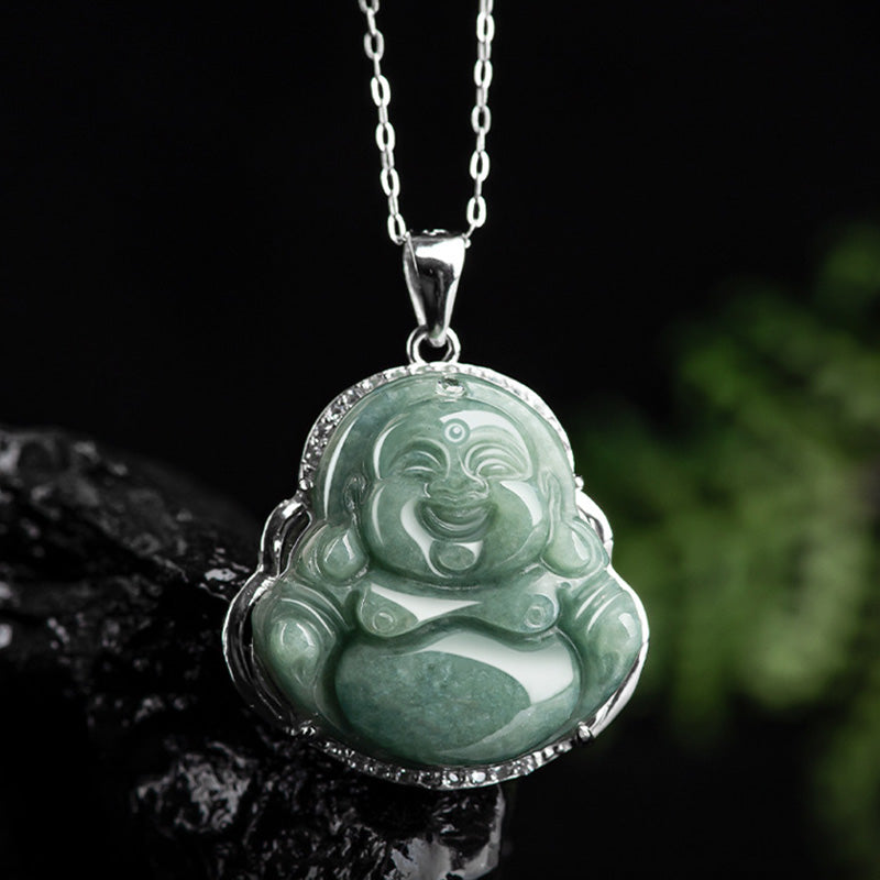 Buddha Stones 925 Sterling Silber Lachender Buddha Jade Fülle Halskette Kettenanhänger