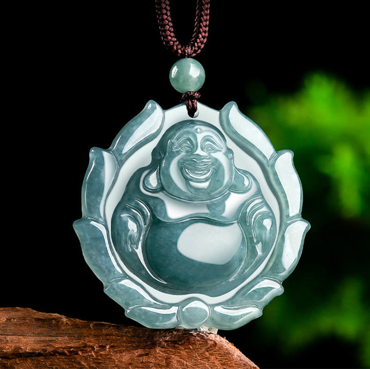 Buddha Stones, natürliche Jade, lachender Buddha, Lotus-Muster, Glücks-Halsketten-Anhänger