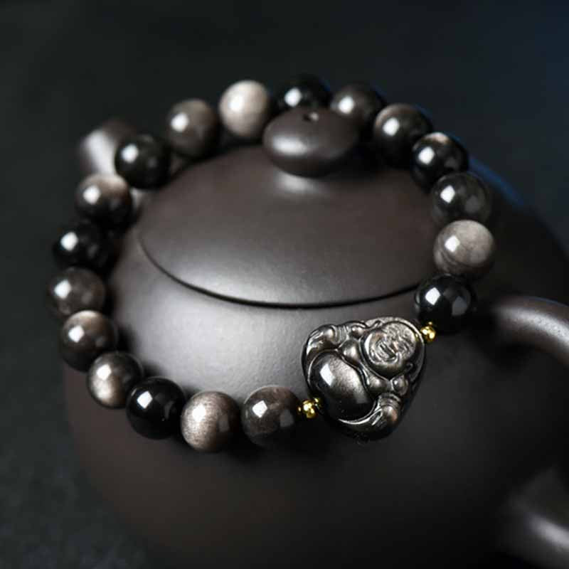 Buddha Stones Silber glänzendes Obsidian Lotusblume Neunschwänziger Fuchs Lachender Buddha Schutzarmband