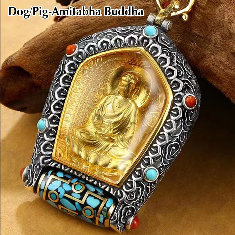 Tibet Chinesisches Sternzeichen Natal Buddha Thangka Wohlstand Drehbarer Dzi-Perlen-Halskettenanhänger