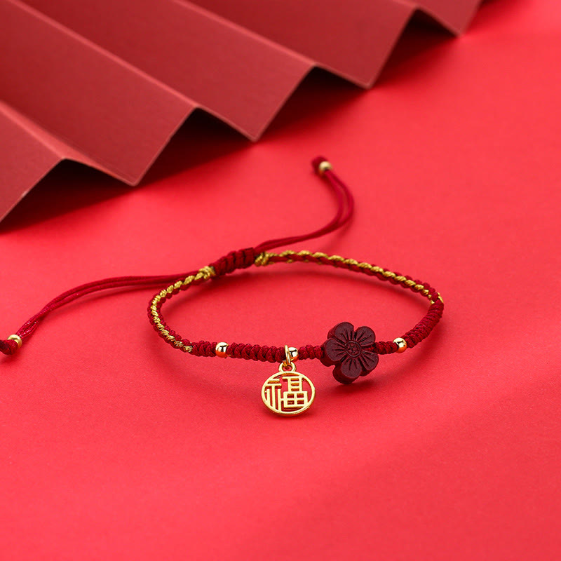 Buddha Stones Cinnabar Flower Fu Charakter Segen geflochtenes Schnurarmband