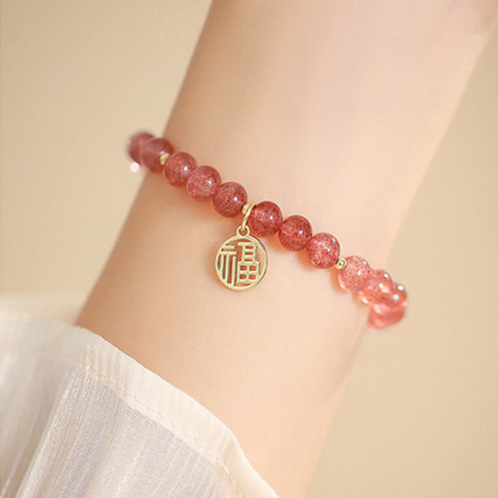 Buddha Stones 14K vergoldetes Erdbeerquarz-Fu-Charakter-Heilungs-Charm-Armband