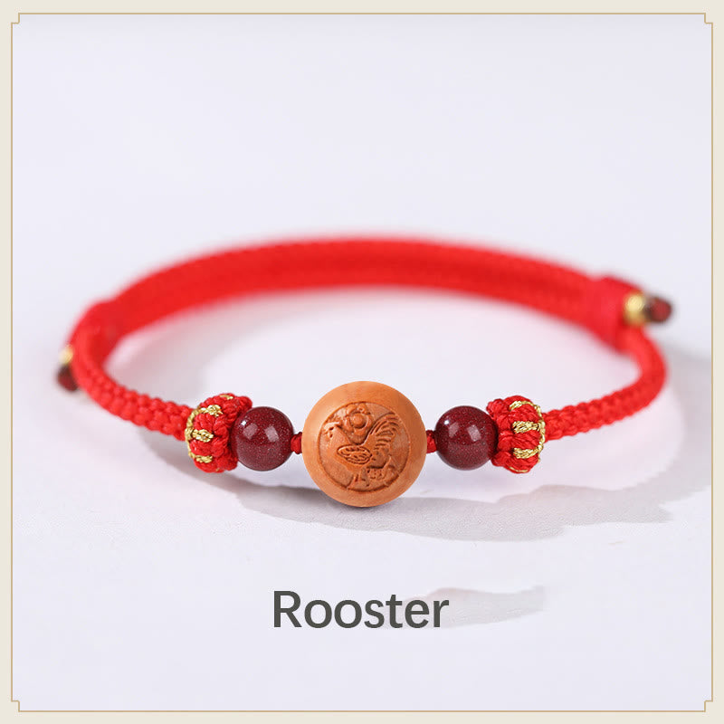 Armband mit Buddha Stonesn, natürlichem Pfirsichholz, chinesischem Sternzeichen Fu, geschnitztem Zinnober-Reichtumsarmband