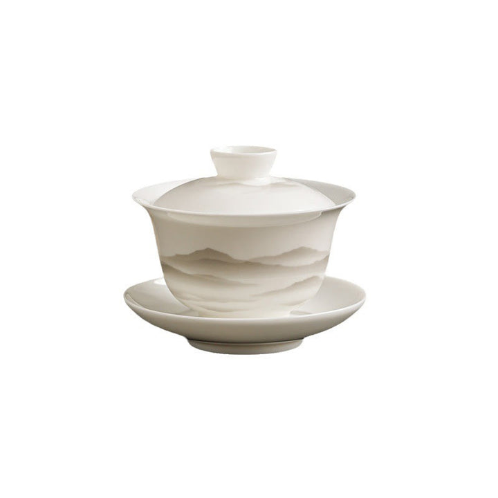 Buddha Stones, Vintage-Tuschemalerei, Berg , Weiß Porzellan, Keramik, Gaiwan, Sancai, Teetasse, Kung-Fu-Teetasse und Untertasse mit Deckel, Teeutensilien-Teekanne