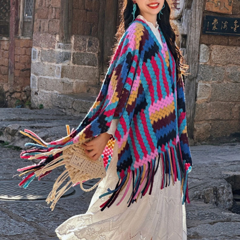 Tibetischer Schal mit Buddha Stonesn, Bonbonfarben, geflochtenes Muster, Winter, gemütlich, für Reisen, gestrickt, mit Quasten