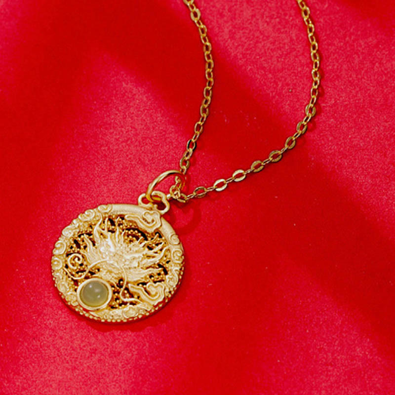Buddha Stones 925 Sterling Silber Jahr des Drachen runder natürlicher Hetian-Jade-Intarsien-Halskettenanhänger