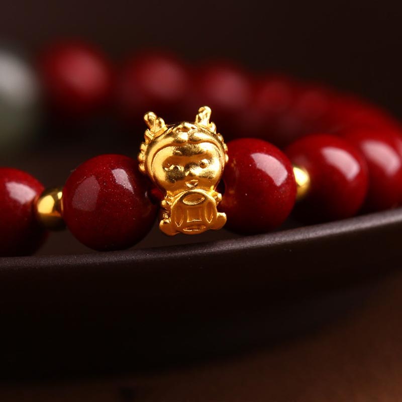 Buddha Stones 999 Gold Jahr des Drachen natürliches Zinnober-Jade-Kupfer-Münze-Fu-Charakter-Segen-Armband