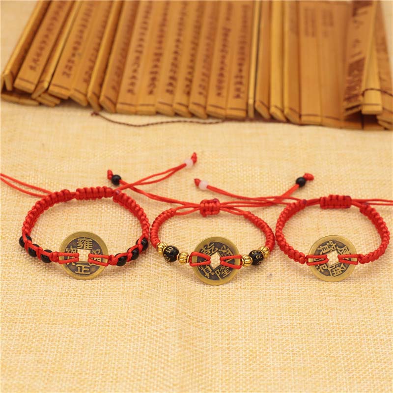 Armband mit Buddha Stonesn, Kupfermünze, Glücksbringer, rote Schnur