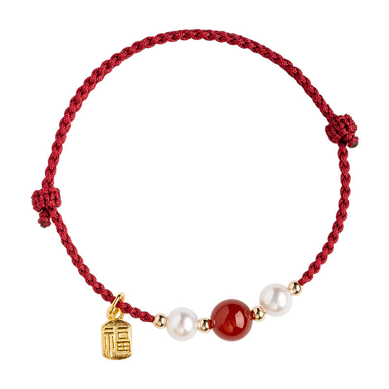 Armband mit Buddha Stonesn, 925er-Sterlingsilber, Glücksbringer, Fu-Charakter, Achat, Perle, rote Schnur