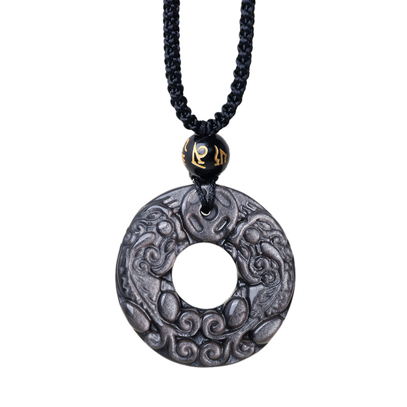 Buddha Stones Natural Silver Sheen Obsidian Double PiXiu Copper Coin Peace Buckle Protection Necklace Pendant